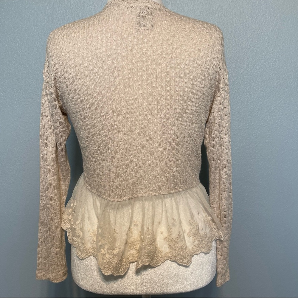 American Rag Beige Open Front Lace Hem Knit Cardigan Boho Cottagecore Medium - Picture 2 of 5